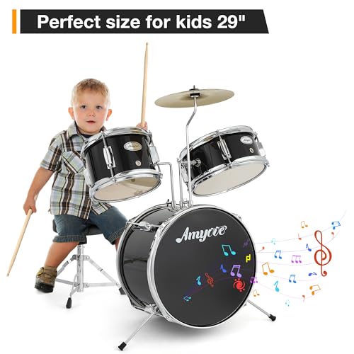 3 Piece Junior Drum Set with Cymbal, Tom, Bass Drum, Drumsticks, Bass Pedal and Drum Stool, Black S804792