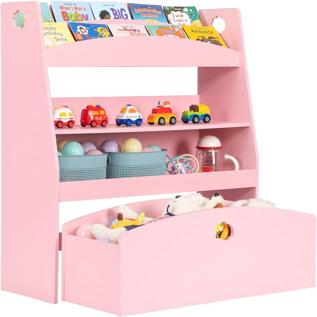 Pink 4 Shelf Toy Storage and Bookshelf with Rolling Bin Y9976