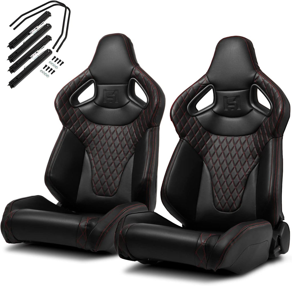 1 Pair Universal Black PVC Sport Racing Seats with Slider V266