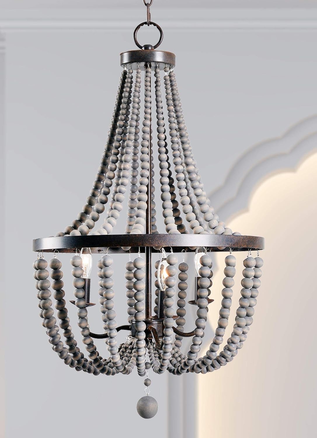 Wood Bead Chandelier, 28 Inch Height, 16 Inch Diameter, Golden Bronze Finish H324