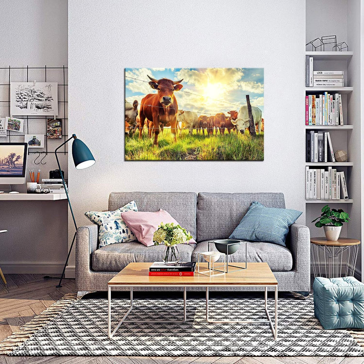 Cow Canvas Wall Art Cattle in Sunrise Farm Painting Prints Animal Picture Contemporary Artwork Ready to Hang T3668