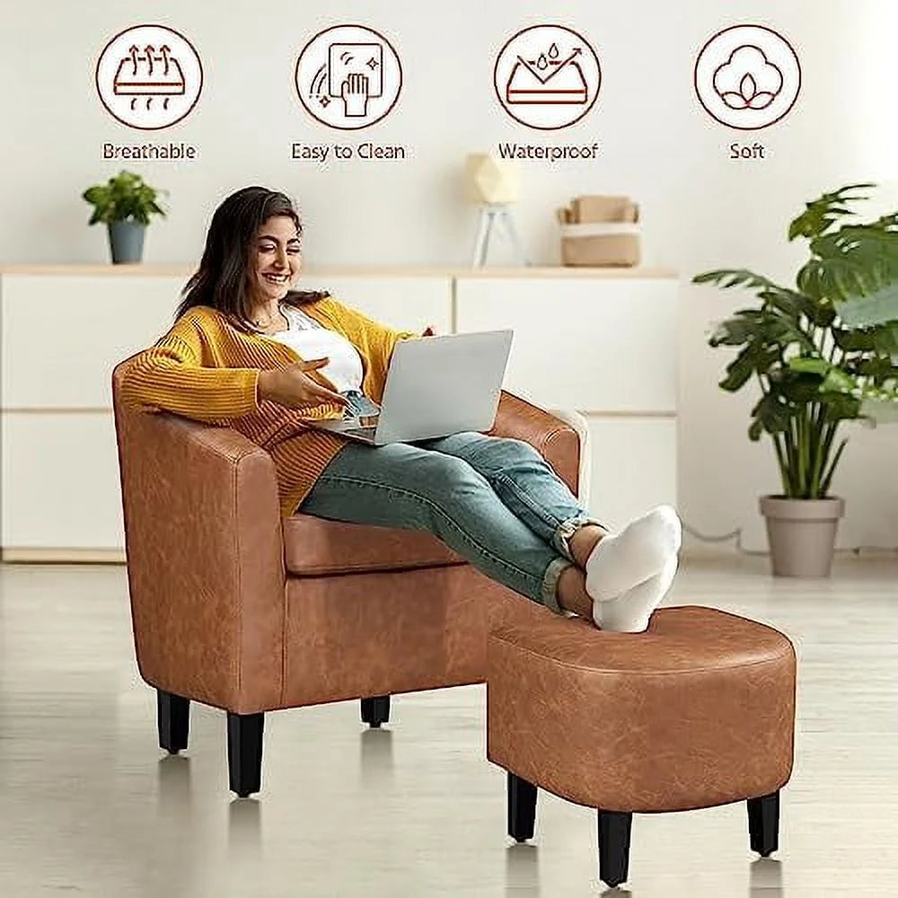 Accent Chair with Ottoman, Faux Leather Barrel Chair with Footrest, Upholstered Club Tub Chair V139010