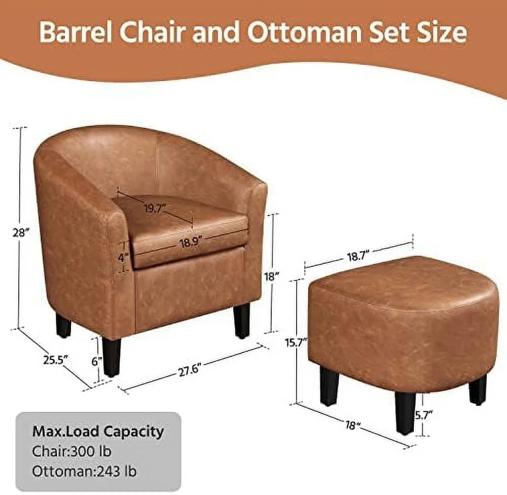 Accent Chair with Ottoman, Faux Leather Barrel Chair with Footrest, Upholstered Club Tub Chair V139010