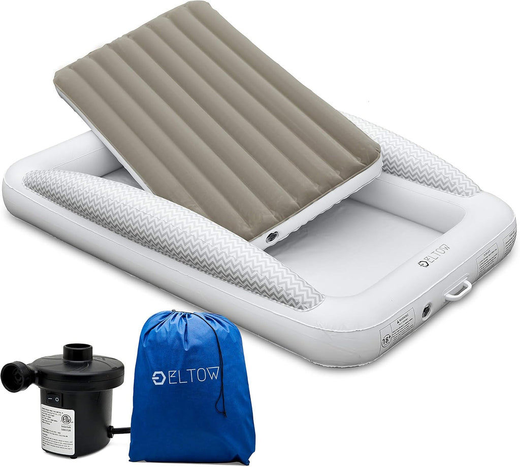 Inflatable Toddler Bed Air Mattress with Safety Bumper, Portable Travel Cot with Removable Mattress, High Speed Pump and Travel Bag D529