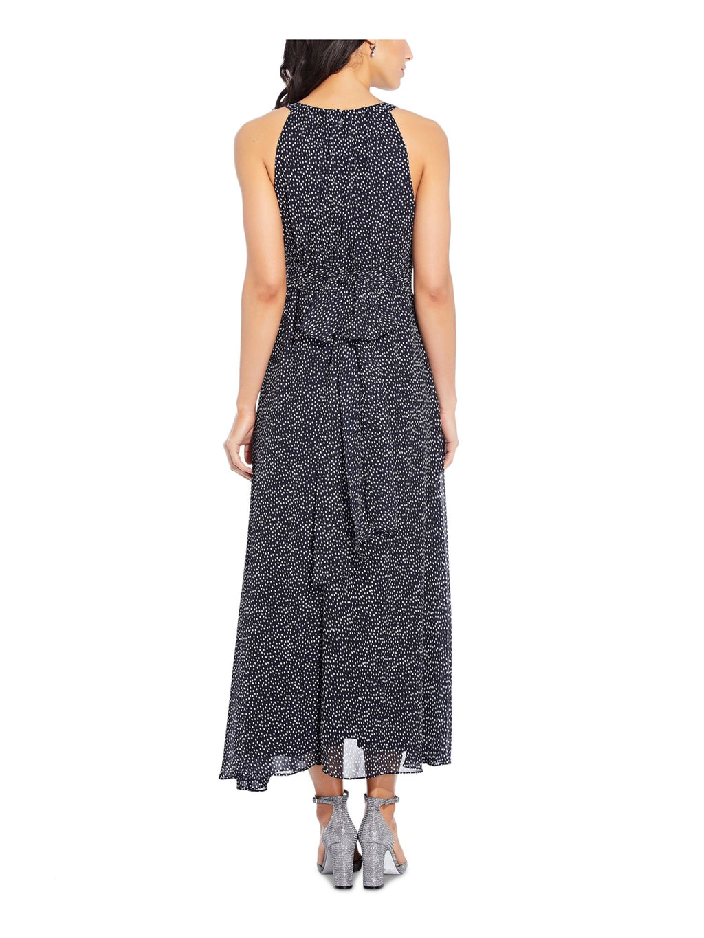 Navy Belted Pleated Polka Dot Sleeveless Halter Midi Dress Petites 16P V447