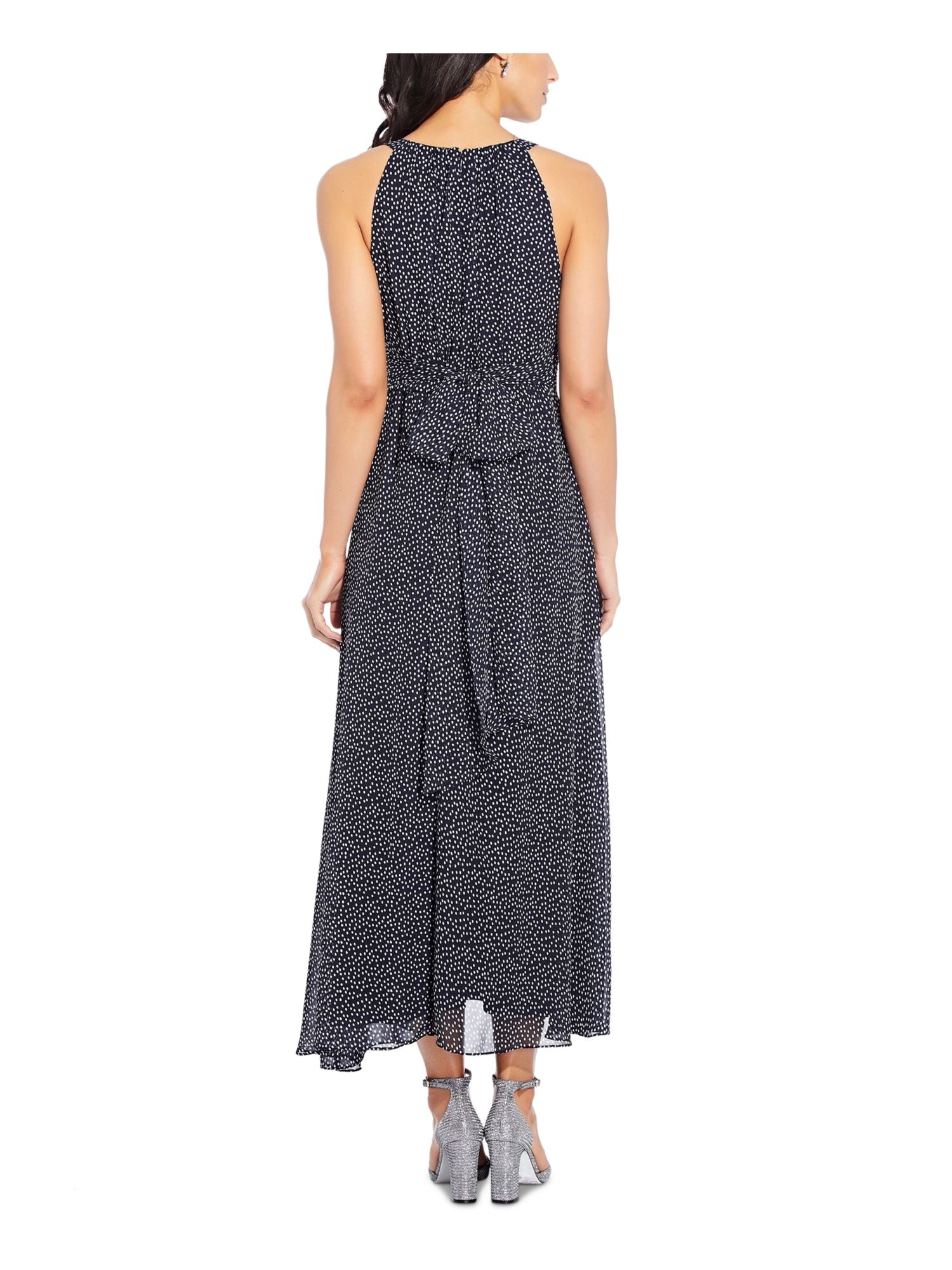 Navy Belted Pleated Polka Dot Sleeveless Halter Midi Dress Petites 16P V447