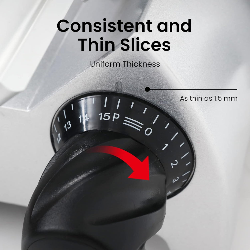Electric Meat Slicer with 8 Carbon Steel Blade, 0.5mm to 15mm Adjustable Slicing Thickness E378