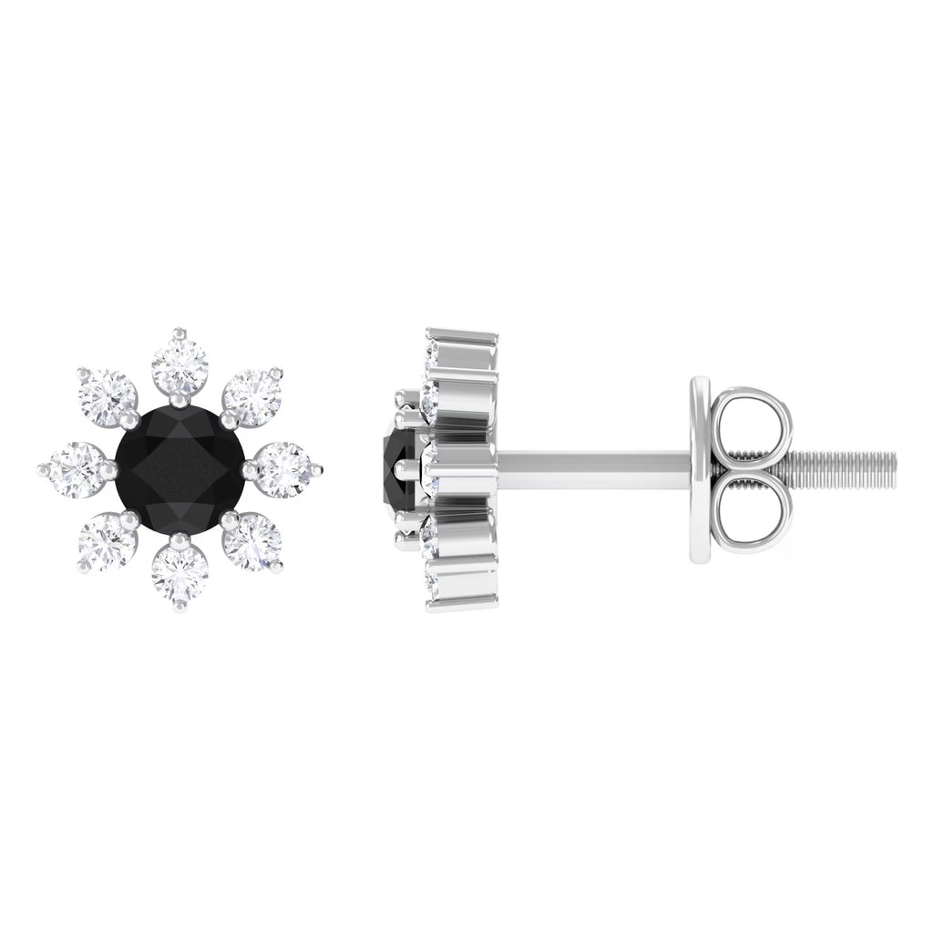 Black Diamond Floral Stud Earrings, 925 Sterling Silver D9593