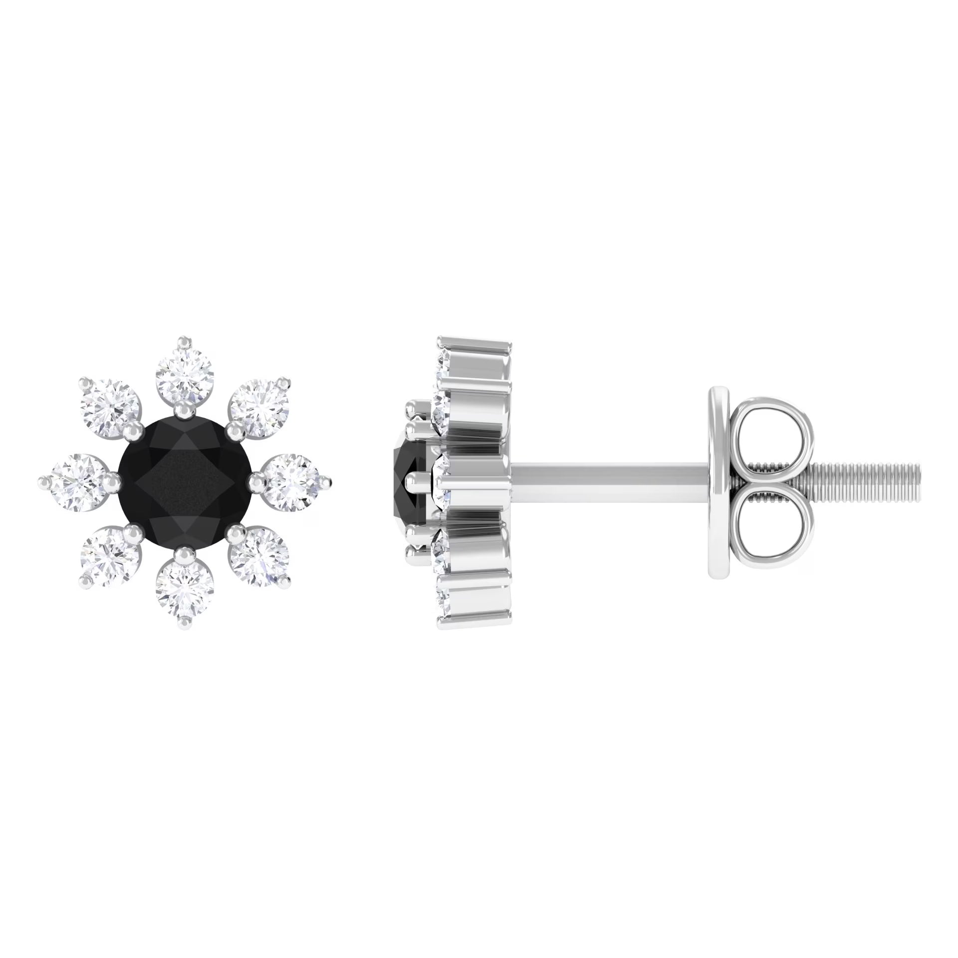 Black Diamond Floral Stud Earrings, 925 Sterling Silver D9593