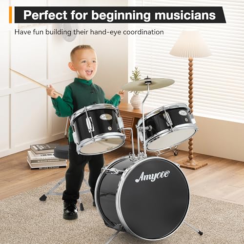 3 Piece Junior Drum Set with Cymbal, Tom, Bass Drum, Drumsticks, Bass Pedal and Drum Stool, Black S804792