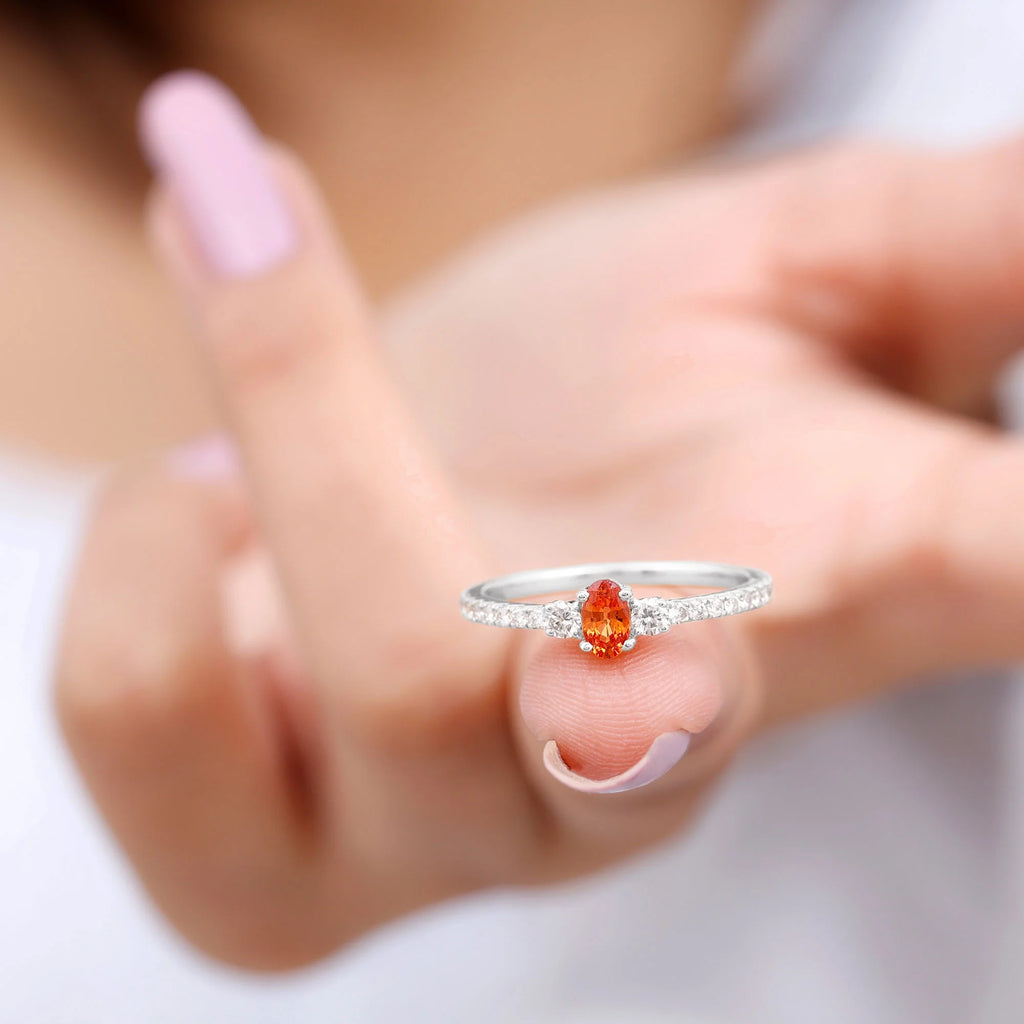 Oval Orange Sapphire Solitaire Ring with Diamond Side Stones, 10K White Gold F371494