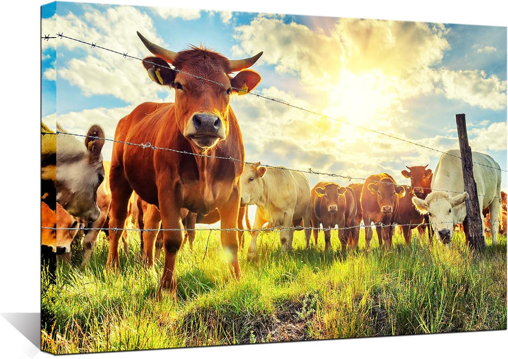 Cow Canvas Wall Art Cattle in Sunrise Farm Painting Prints Animal Picture Contemporary Artwork Ready to Hang T3668