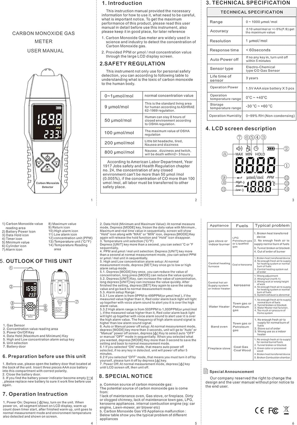 Handheld Carbon Monoxide Detector 0-1000ppm Pack of 2 N820