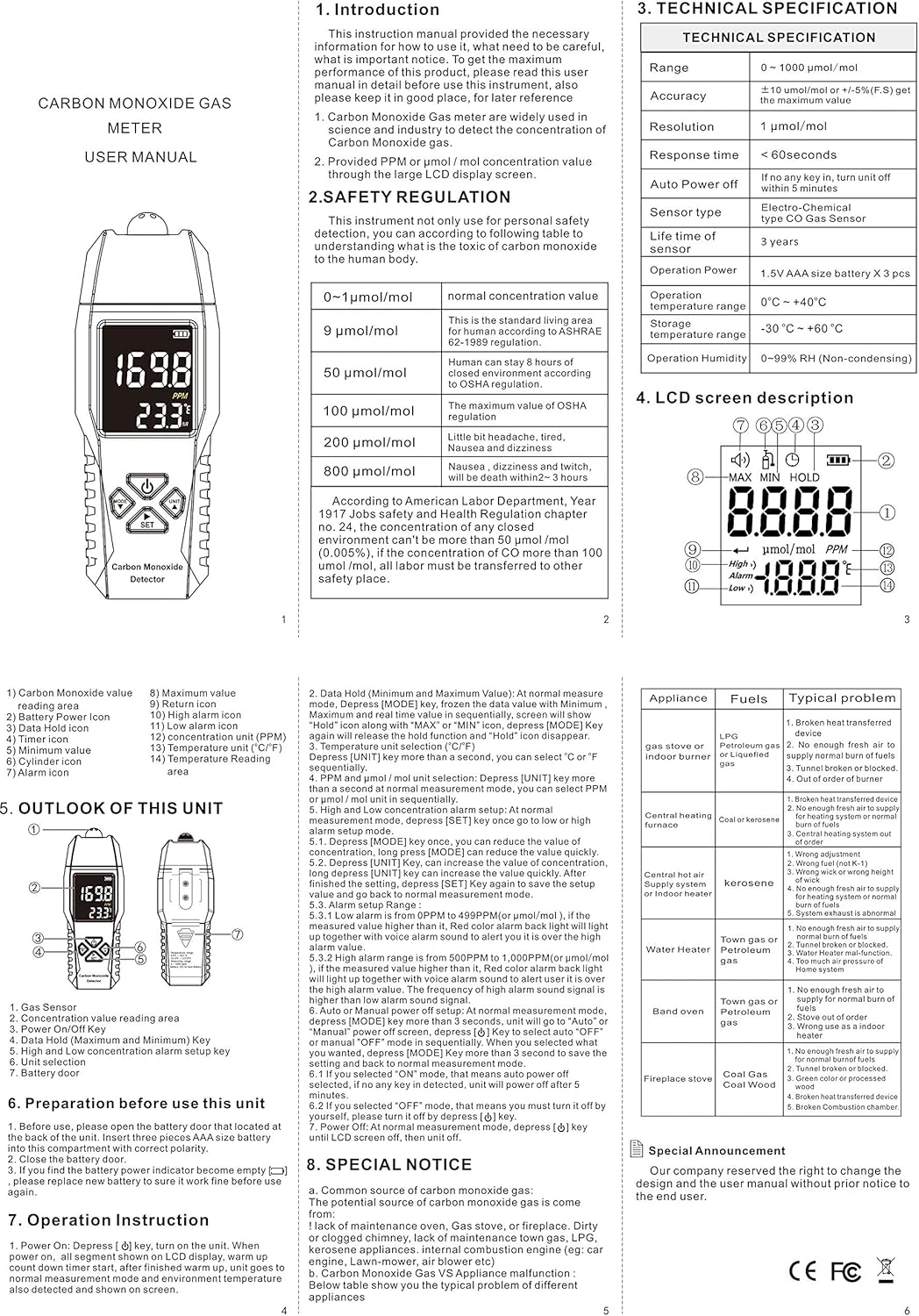 Handheld Carbon Monoxide Detector 0-1000ppm Pack of 2 N820