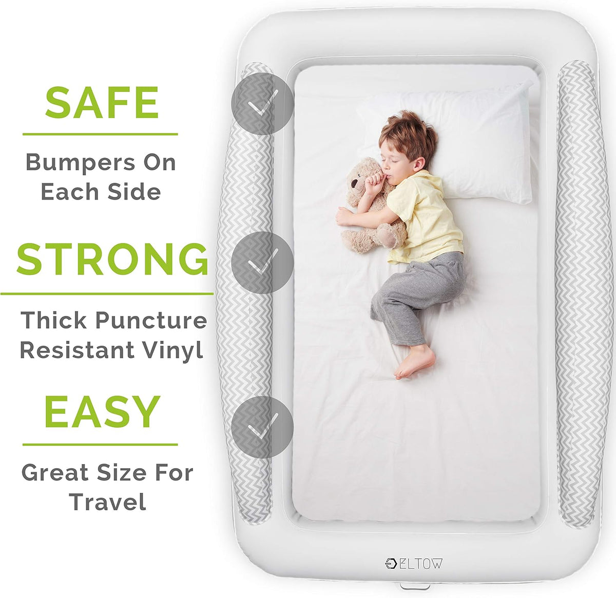 Inflatable Toddler Bed Air Mattress with Safety Bumper, Portable Travel Cot with Removable Mattress, High Speed Pump and Travel Bag D529