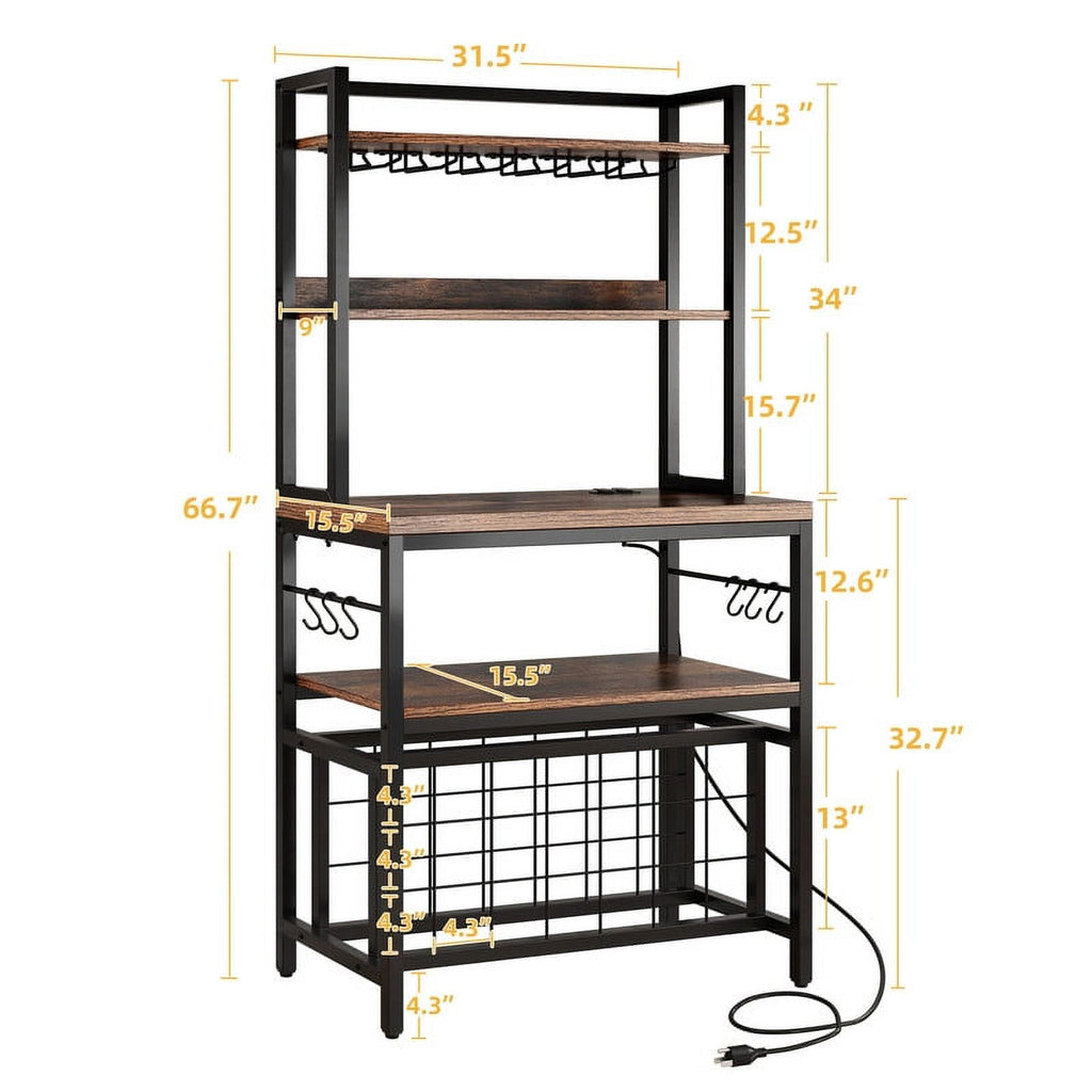 Rustic Brown 4 Tier Coffee Bar Station with Wine Rack and Power Outlet C3751
