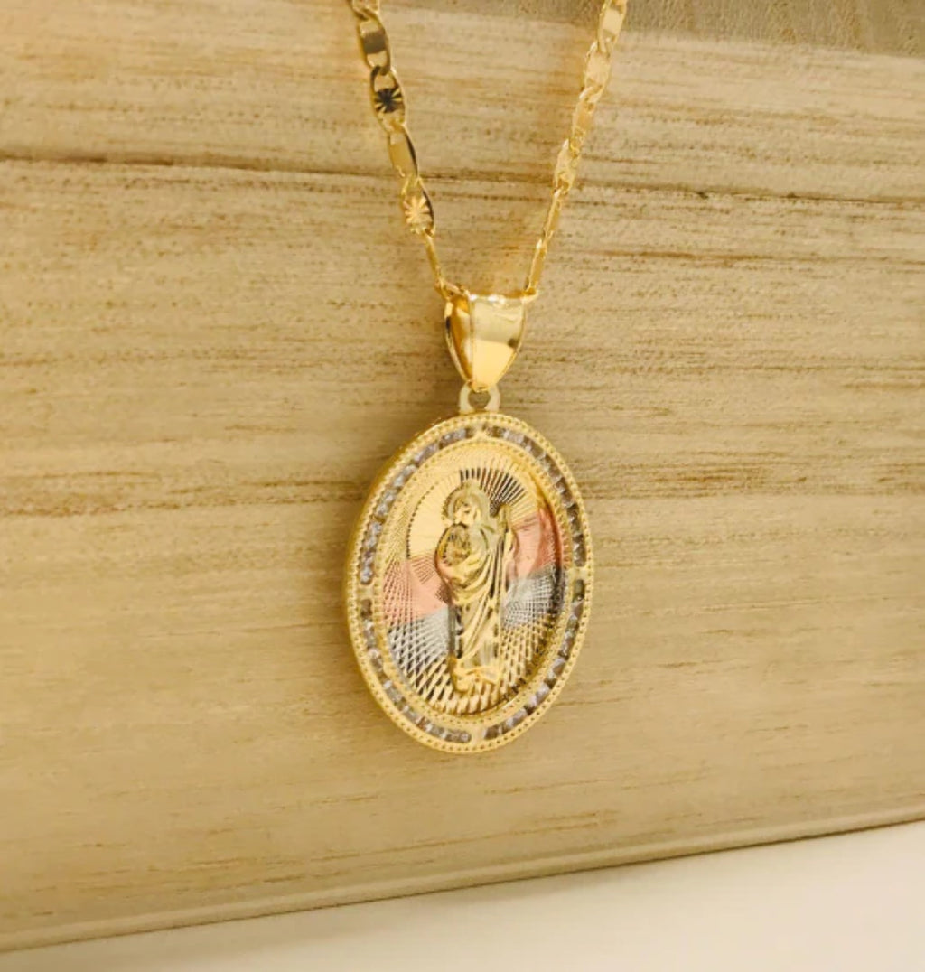 14K Gold Filled San Judas Necklace Tri-Color with CZ Stones 20" 28x20mm A161