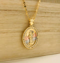 14K Gold Filled San Judas Necklace Tri-Color with CZ Stones 20" 28x20mm A161