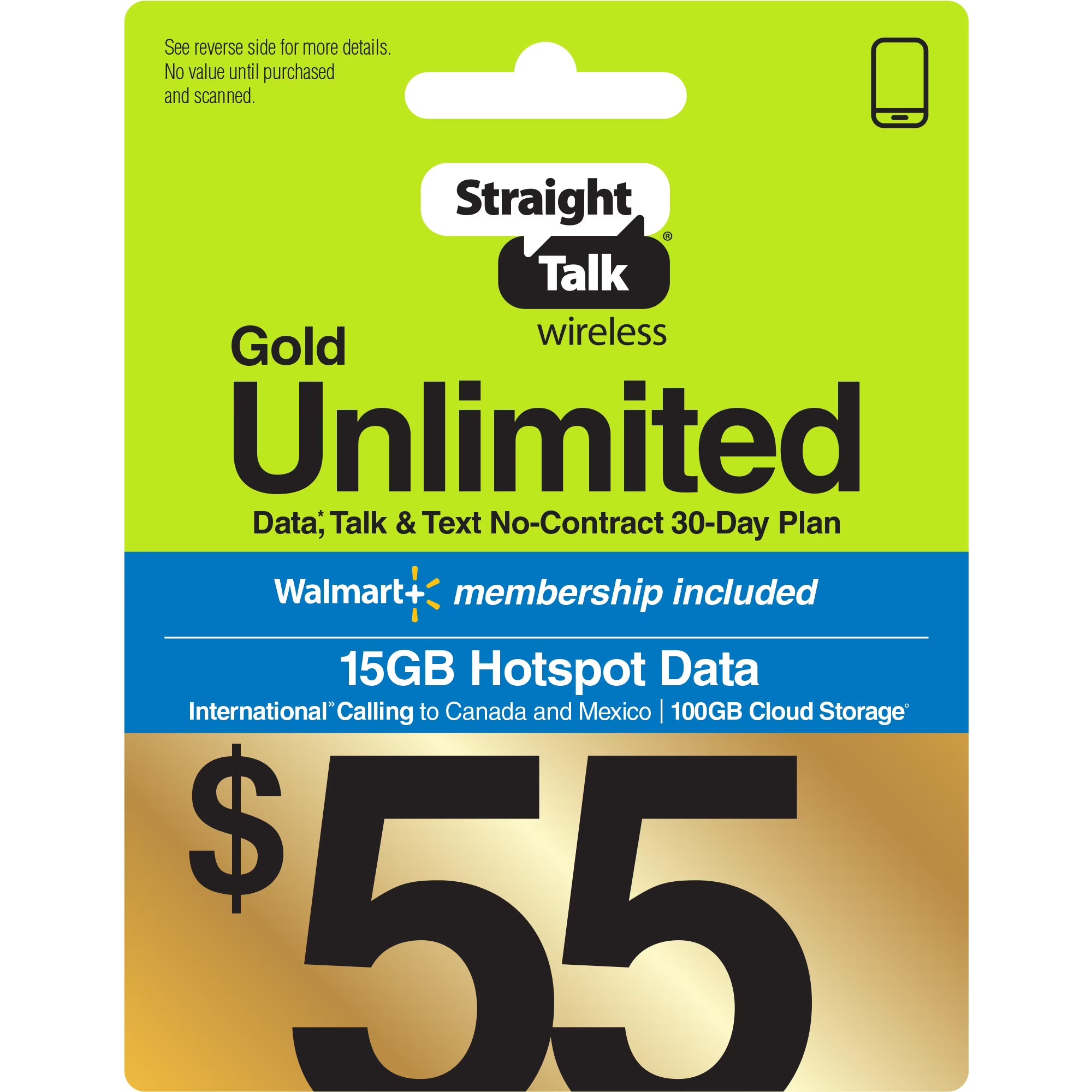 $55 Gold Unlimited Talk Text Data 30-Day Prepaid Plan with 15GB Hotspot Data F3813