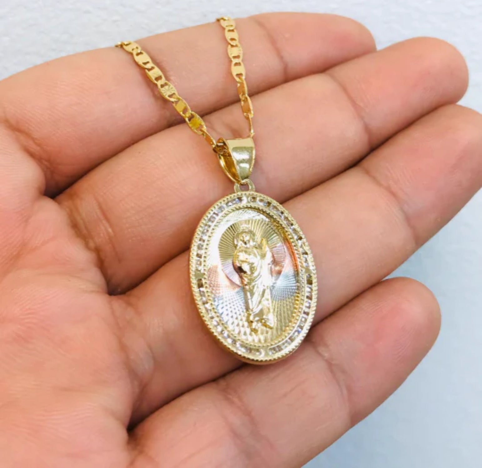 14K Gold Filled San Judas Necklace Tri-Color with CZ Stones 20" 28x20mm A161