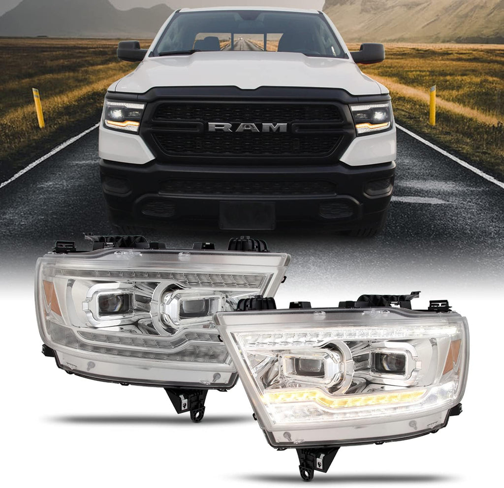 Chrome Housing Dual Projector Full-LED Sequential Light Bar Headlights for Dodge RAM 1500 U871408