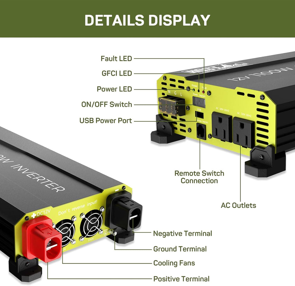 1100 Watt Power Inverter 12V DC to 120V AC Converter with Dual AC Outlets USB F457293