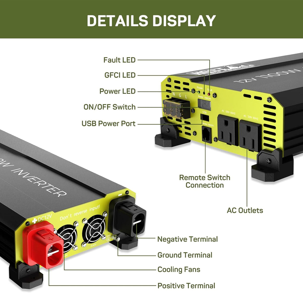 1100 Watt Power Inverter 12V DC to 120V AC Converter with Dual AC Outlets USB F457293