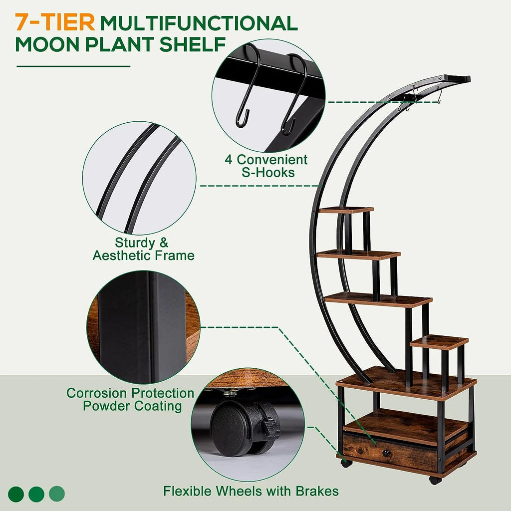 7-Tier Half Moon Plant Stand with Lockable Wheels, 71" Tall Plant Shelf with Drawer, 2 pieces Q191