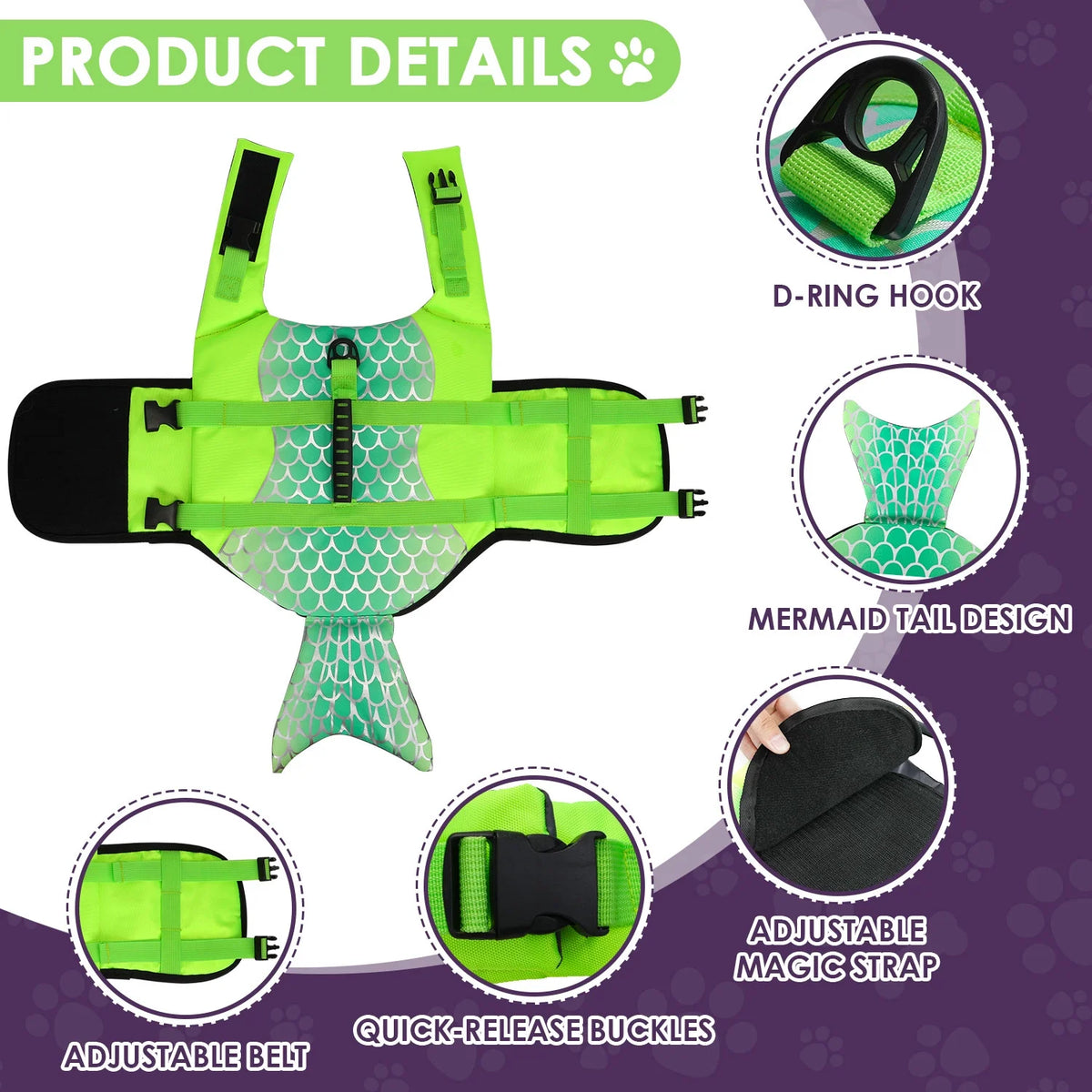 Mermaid Dog Life Jacket with Rescue Handle W865