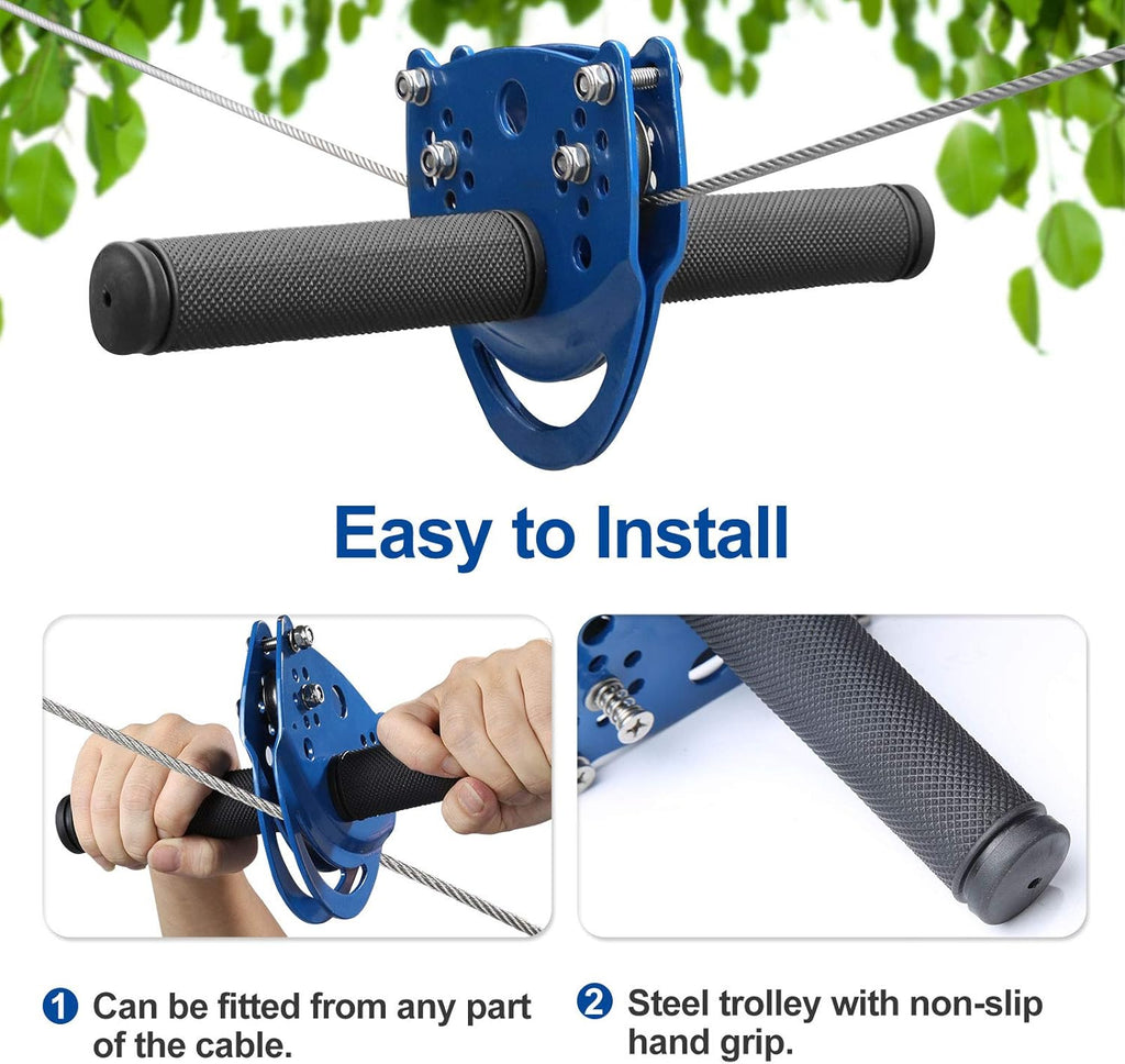 Swing Seat Zipline Kit with Stainless Steel Spring Brake, 120FT Main Cable, 9.8FT Sling Cable, Trolley with Handle, Safety Harness K671