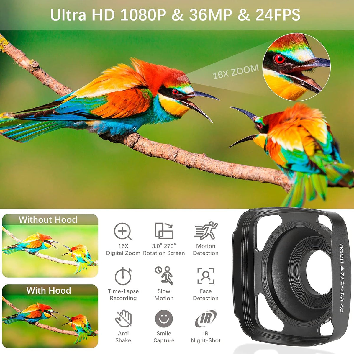 Camcorder 1080P Video Camera 36MP 3.0 Inch IPS Touch Screen IR Night Vision 16X Digital Zoom with External Microphone Handheld Stabilizer Remote Control U6759