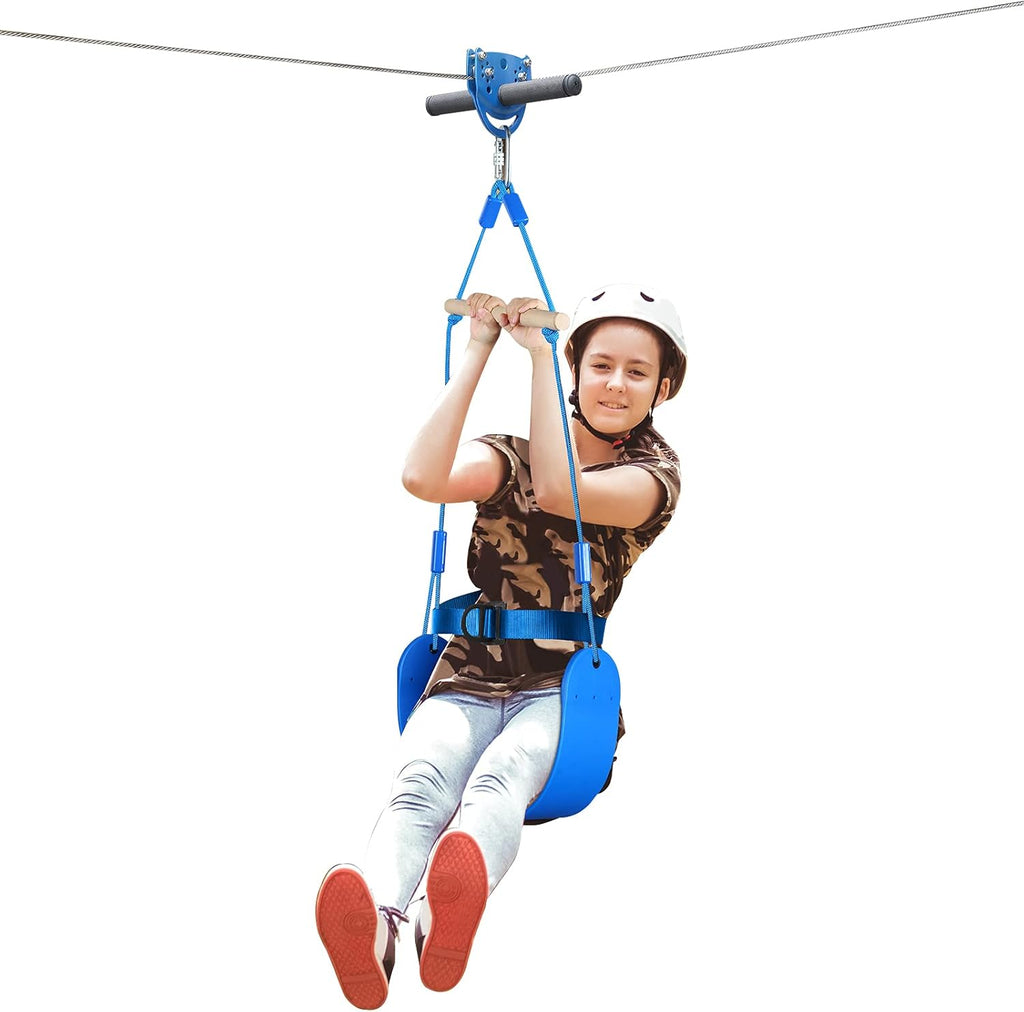Swing Seat Zipline Kit with Stainless Steel Spring Brake, 120FT Main Cable, 9.8FT Sling Cable, Trolley with Handle, Safety Harness K671