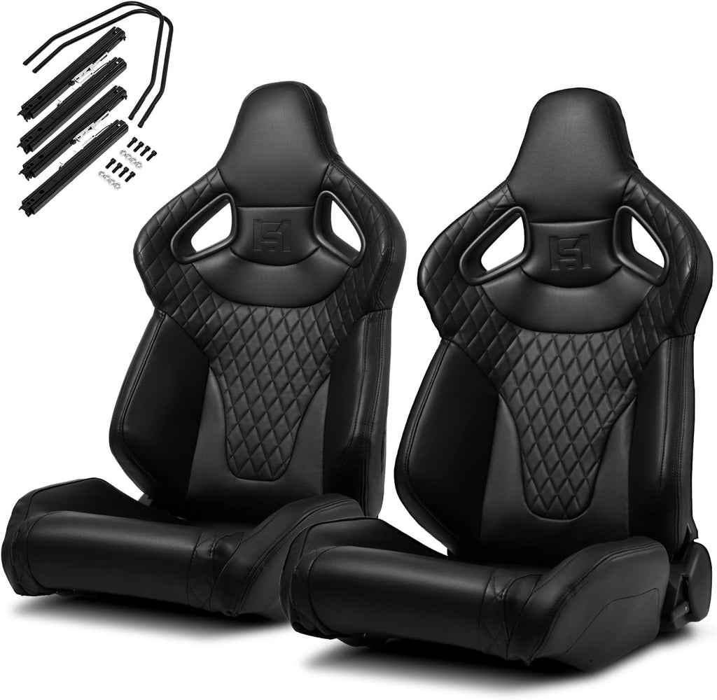 1 Pair Universal Black PVC Sport Racing Seats with Slider V266