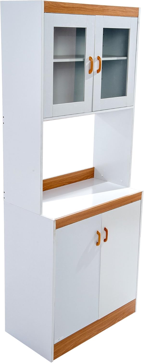 White Tall Kitchen Microwave Cart with Cabinets and Glass Doors J893979