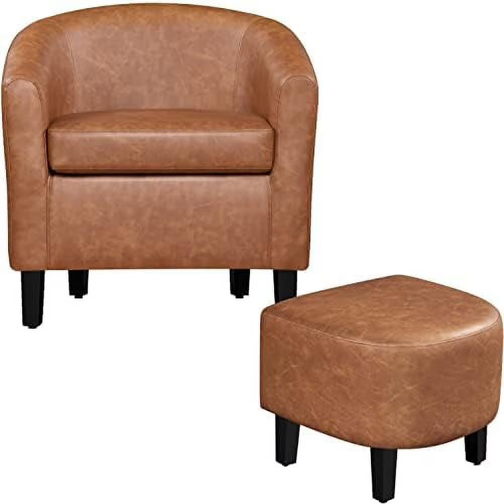 Accent Chair with Ottoman, Faux Leather Barrel Chair with Footrest, Upholstered Club Tub Chair V139010