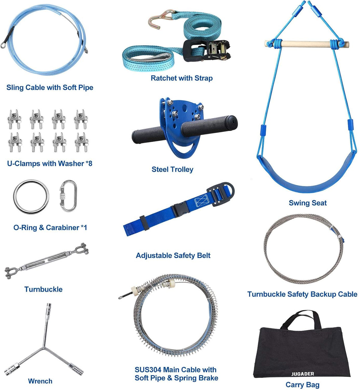 Swing Seat Zipline Kit with Stainless Steel Spring Brake, 120FT Main Cable, 9.8FT Sling Cable, Trolley with Handle, Safety Harness K671