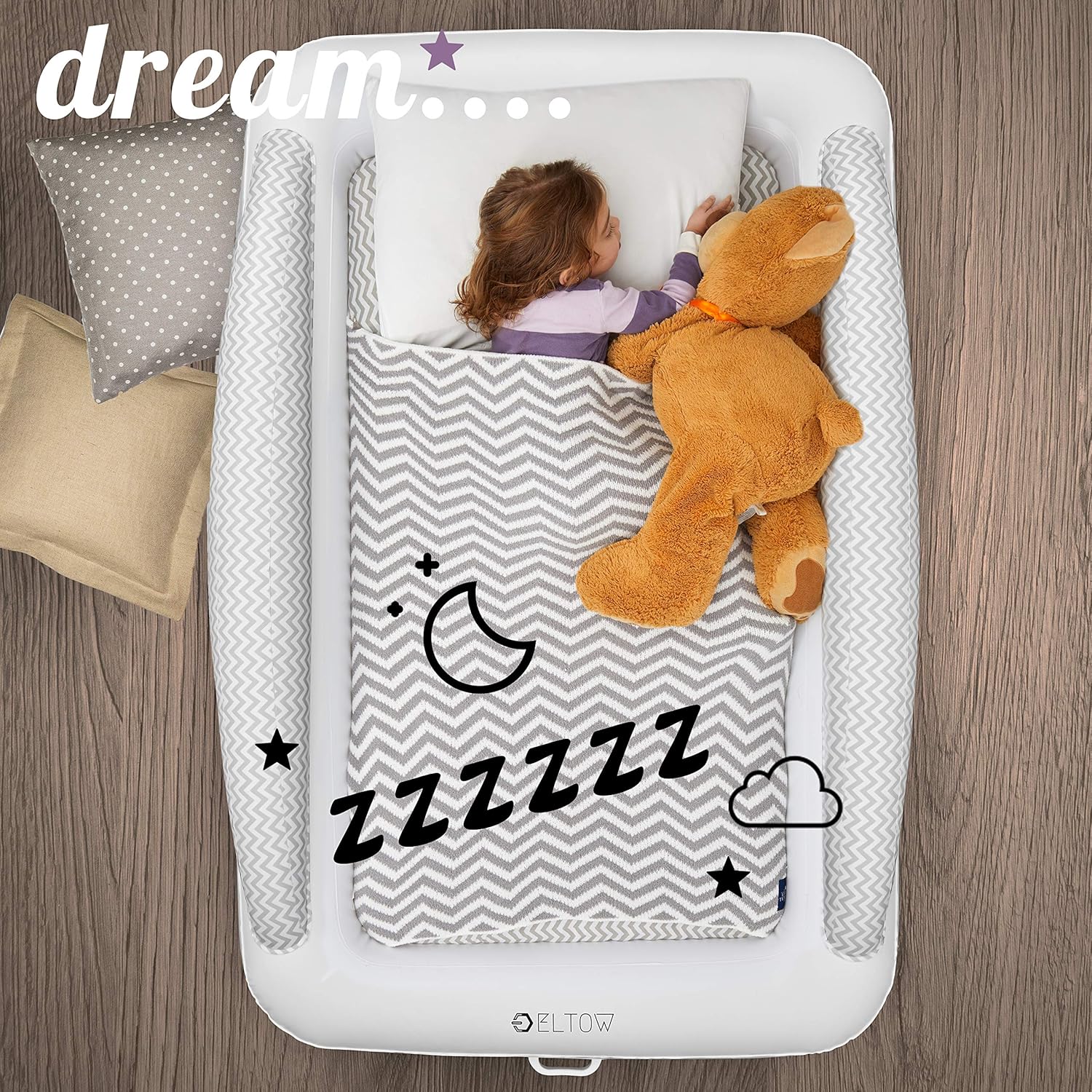 Inflatable Toddler Bed Air Mattress with Safety Bumper, Portable Travel Cot with Removable Mattress, High Speed Pump and Travel Bag D529