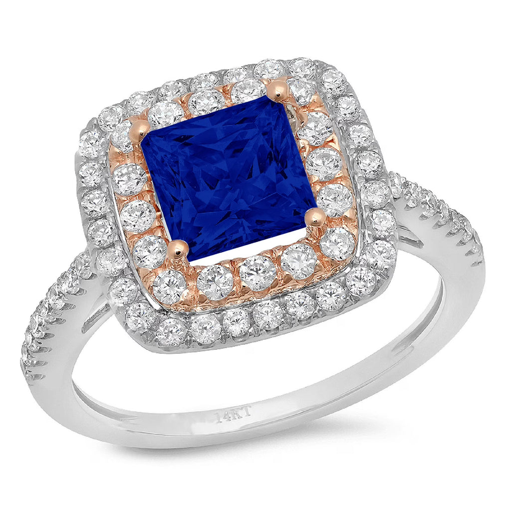 Princess Cut Blue Simulated Sapphire Halo Ring Size 3.5 F286617
