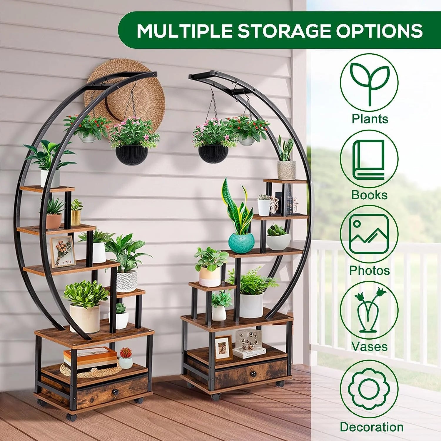 7-Tier Half Moon Plant Stand with Lockable Wheels, 71" Tall Plant Shelf with Drawer, 2 pieces Q191