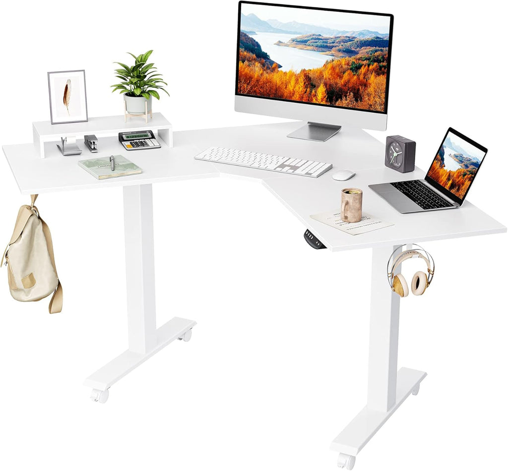 L Shaped Electric Standing Desk with Bamboo Top and Black Frame N40545
