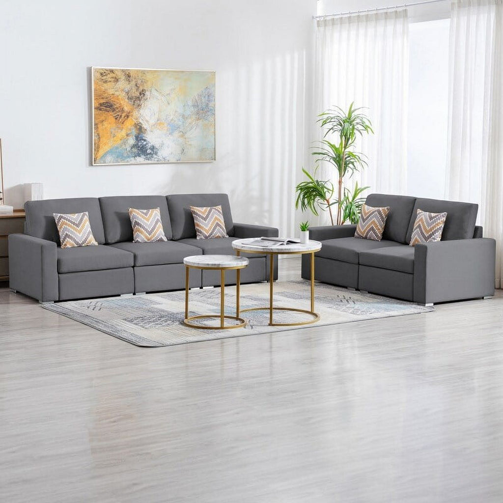 Grey Linen Fabric Sofa and Loveseat Set with Pillows P924