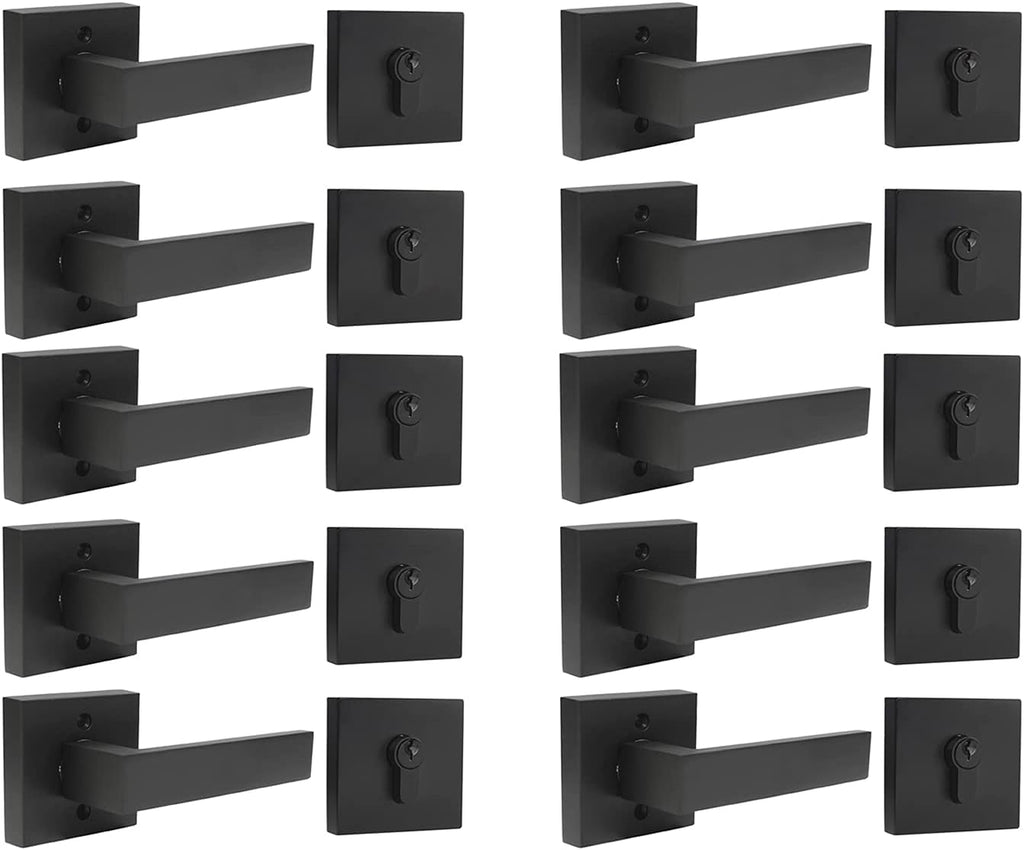 Flat Black Square Door Lever with Single Cylinder Deadbolts Combo Pack of 2 Z5299