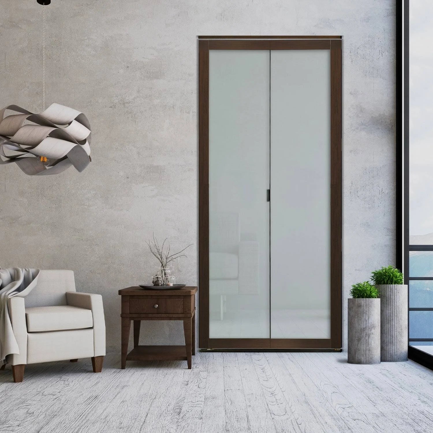 Mocha 1-Lite MDF Wood Frame Frosted Glass Interior Bi-Fold Closet Door D4162