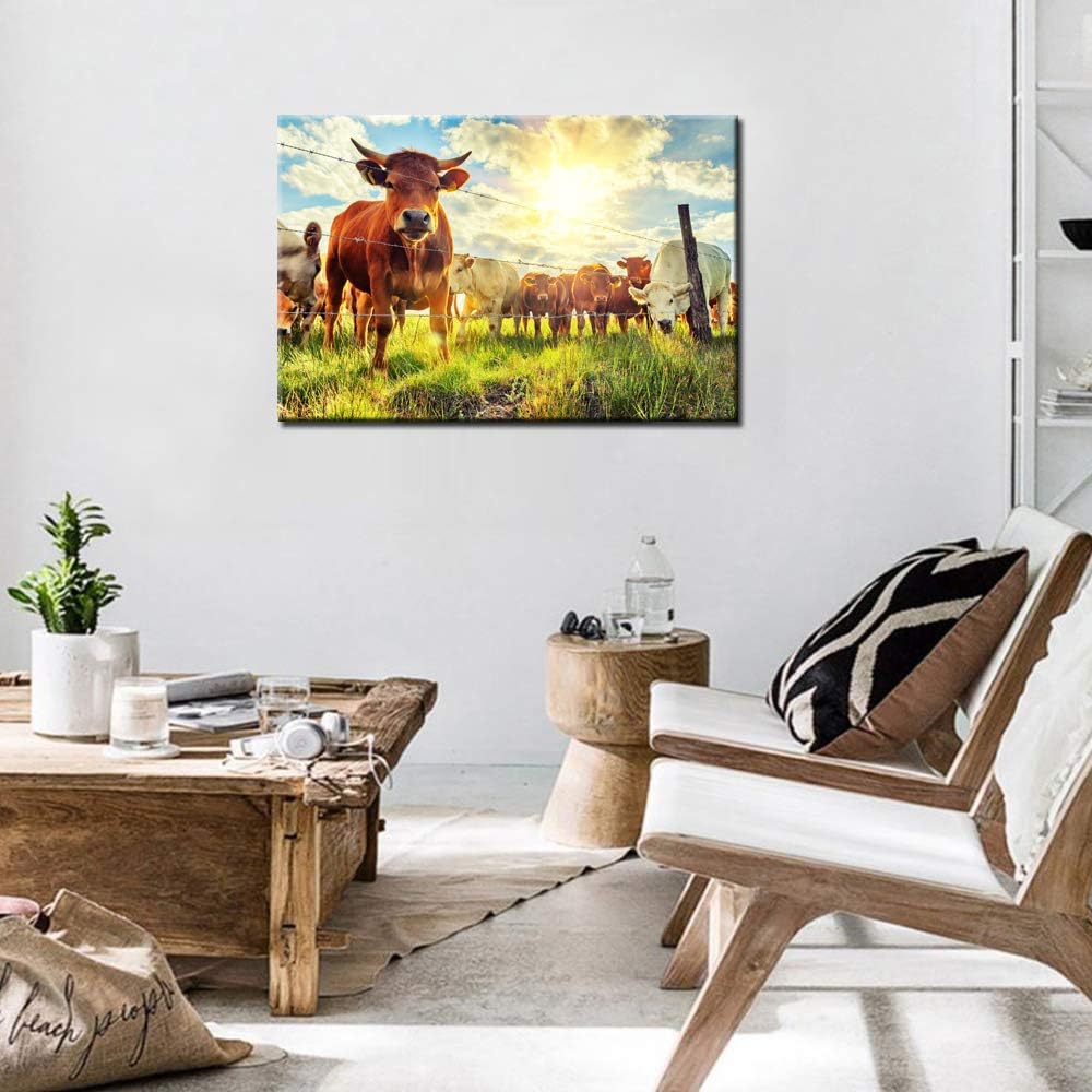 Cow Canvas Wall Art Cattle in Sunrise Farm Painting Prints Animal Picture Contemporary Artwork Ready to Hang T3668