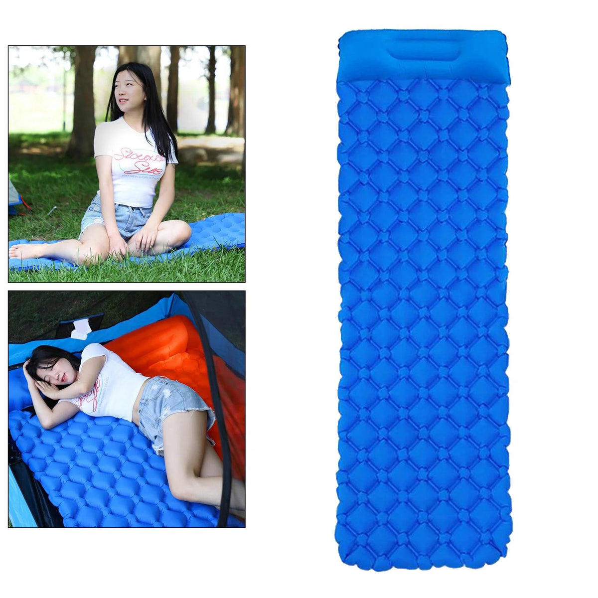 Blue Waterproof Inflatable Camping Mattress with Pillow N53099