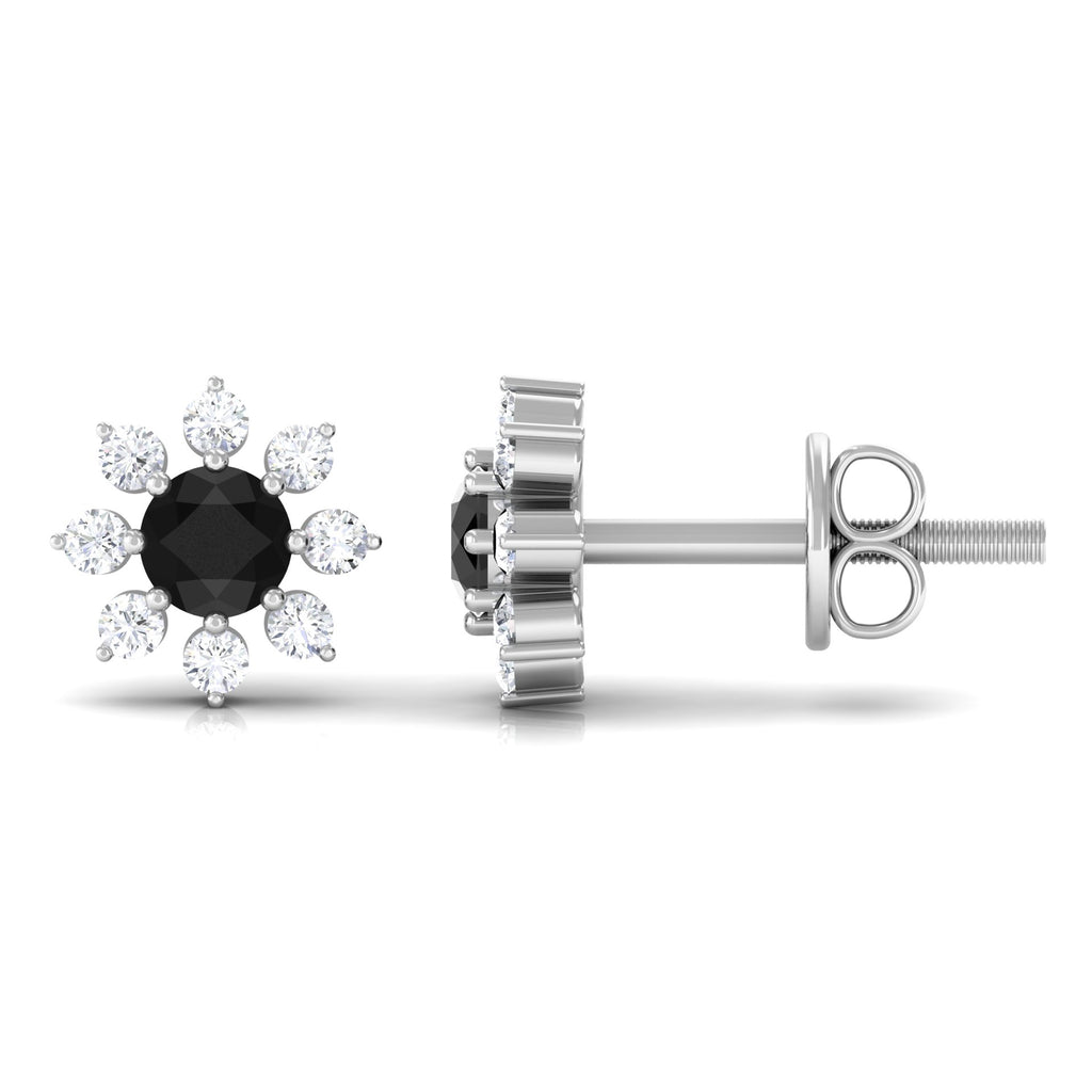 Black Diamond Floral Stud Earrings, 925 Sterling Silver D9593