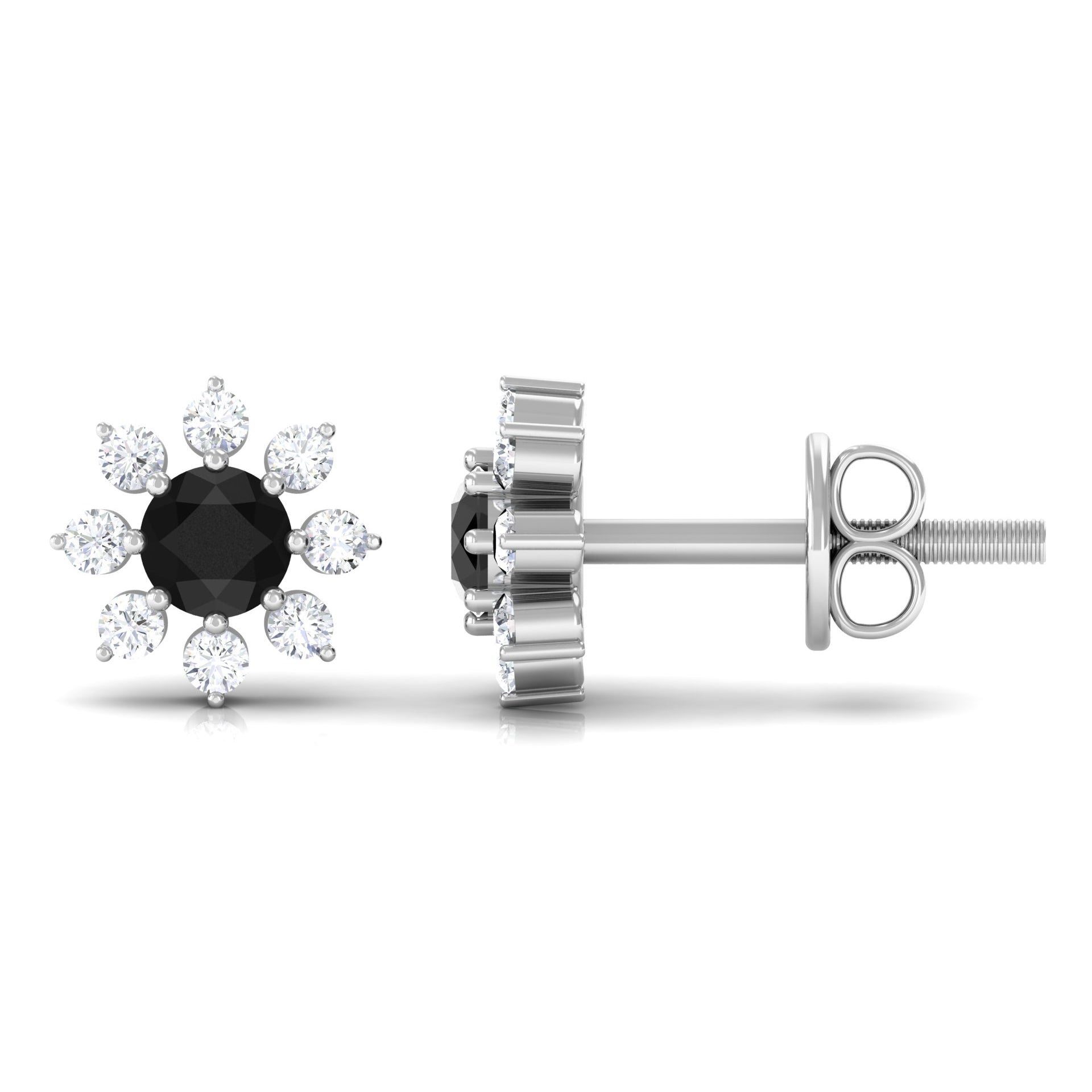 Black Diamond Floral Stud Earrings, 925 Sterling Silver D9593