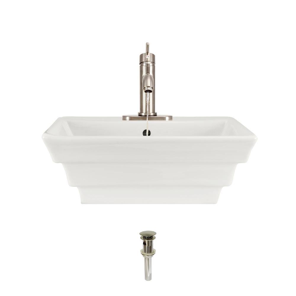 Vitreous China Rectangular Vessel Bathroom Sink with Faucet and Overflow I6484