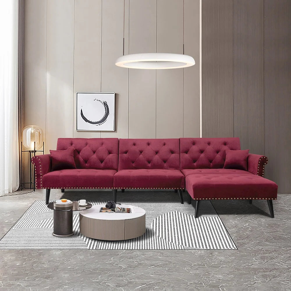 Convertible Sectional Sofa Bed, Velvet L-Shaped 3-Seat Couch Sleeper W411392