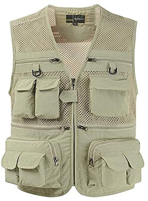 Beige Mesh Fishing Hiking Vest with 16 Pockets I8727